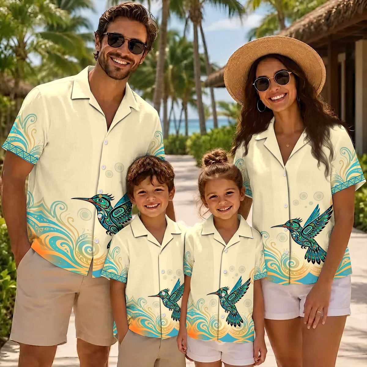 Native Hummingbird Pattern Hawaiian Shirt for Adults & Kids