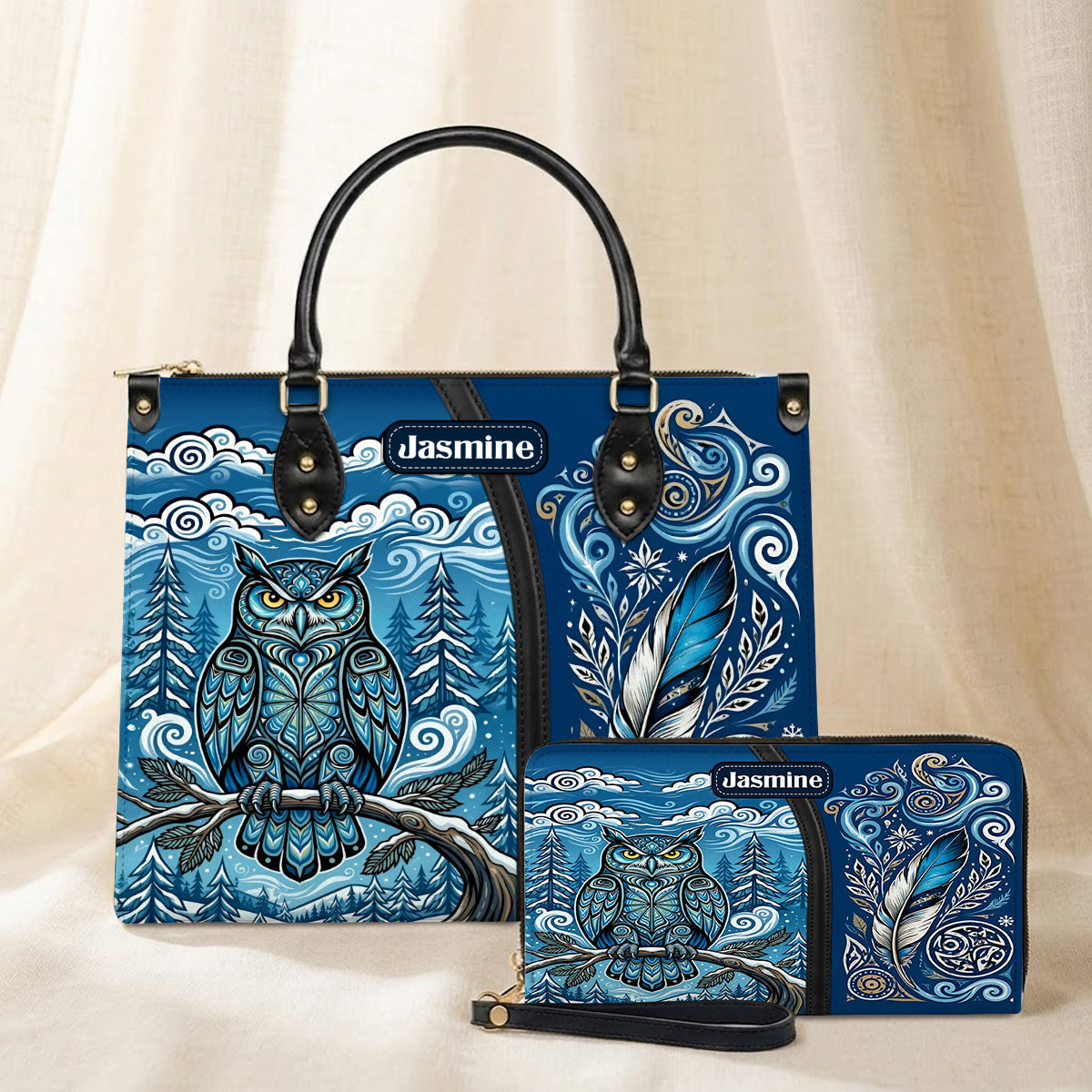 Azure Owl Spirit Personalized Leather Bag