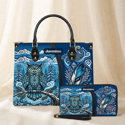 Azure Owl Spirit Personalized Leather Bag