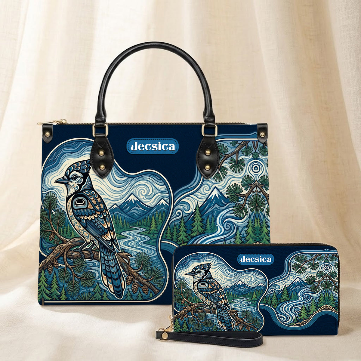 Blue Jay Forest Whispers Personalized Leather Bag