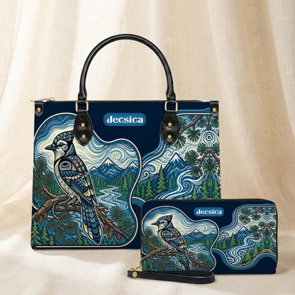 Blue Jay Forest Whispers Personalized Leather Bag