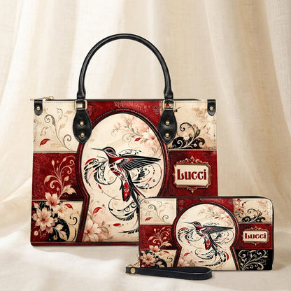 Crimson Hummingbird Elegance Personalized Leather Bag