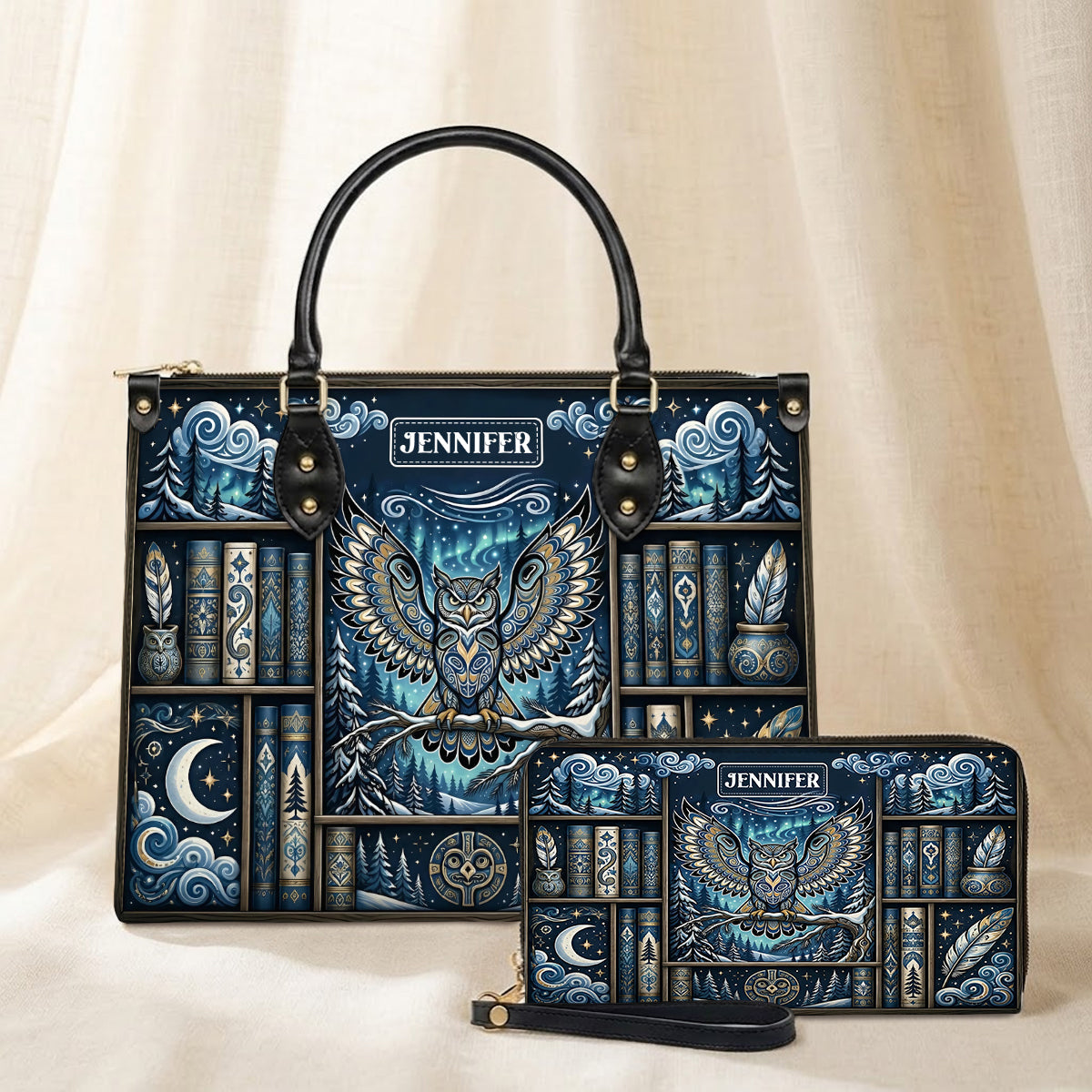 Celestial Owl Wisdom Personalized Leather Bag