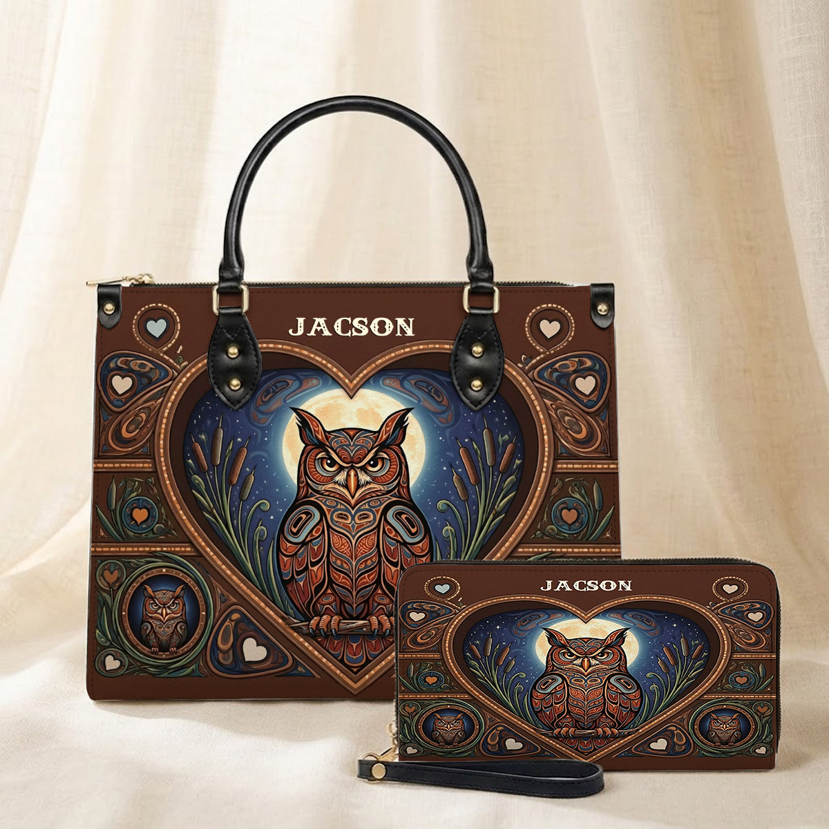 Moonlit Owl Wisdom Personalized Leather Bag