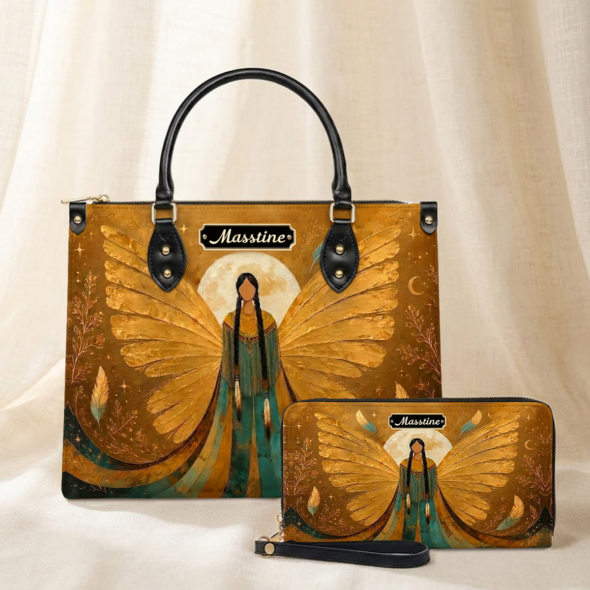 Golden Winged Grace Personalized Leather Bag