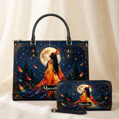 Moonlit Feather Grace Personalized Leather Bag