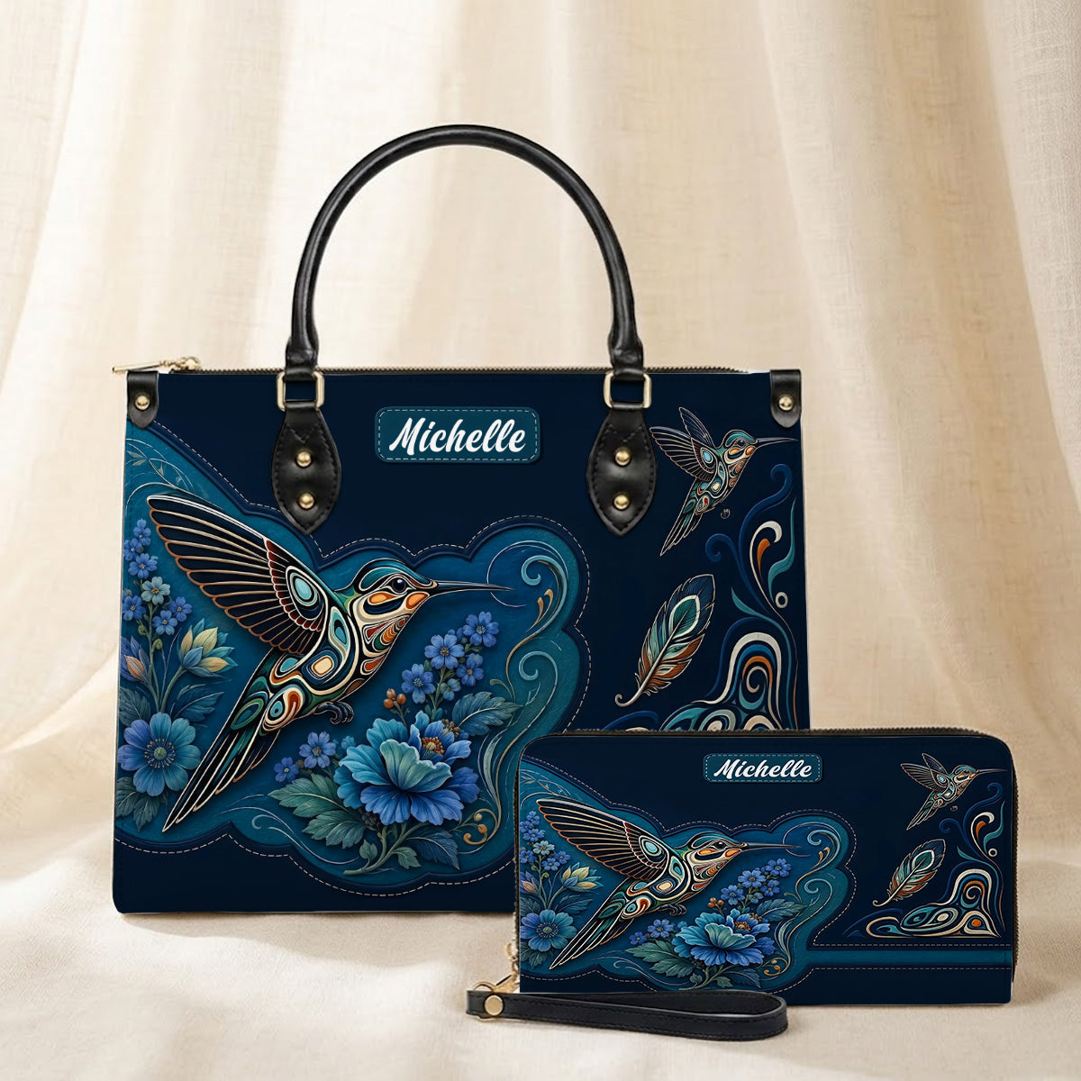 Azure Hummingbird Reverie Personalized Leather Bag