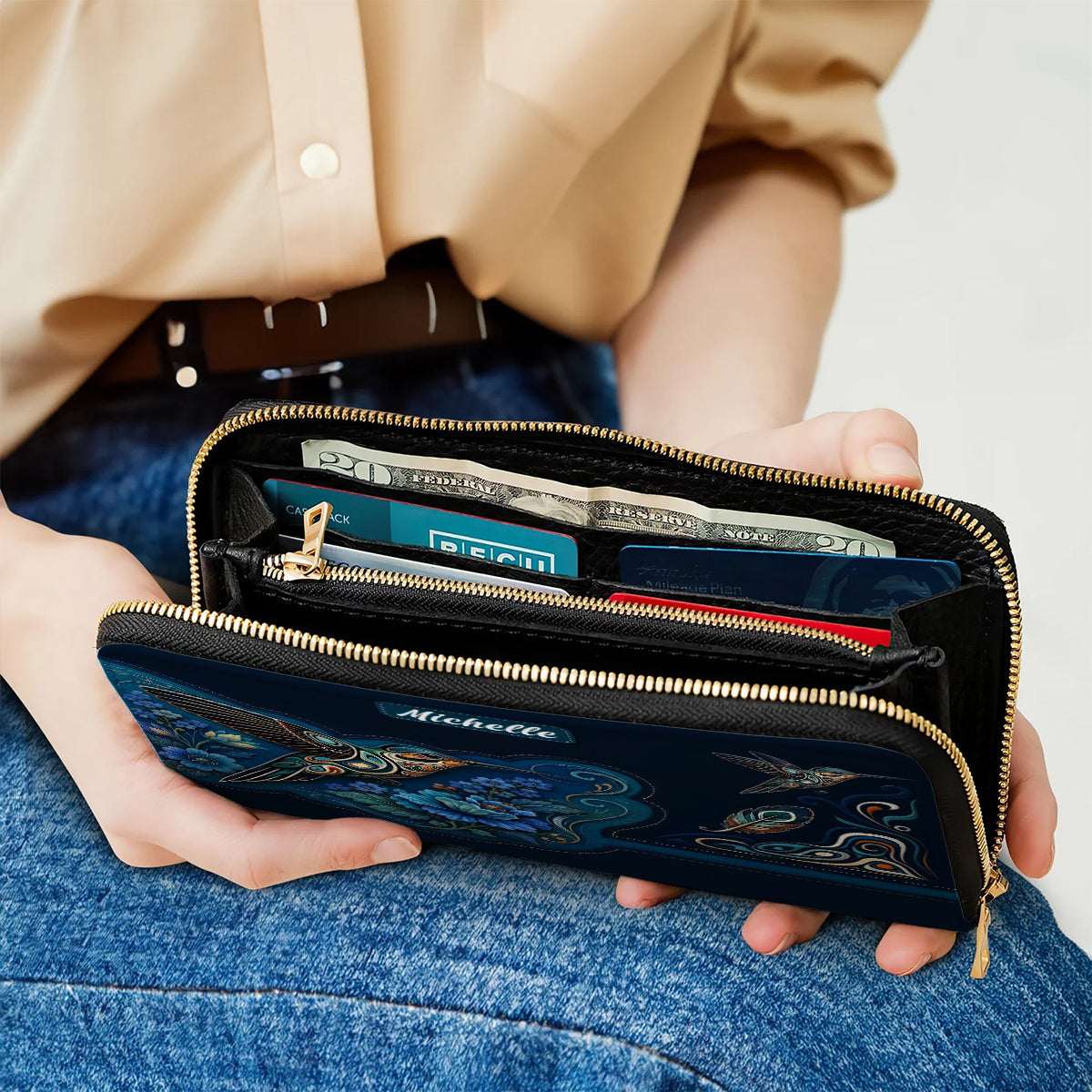 Azure Hummingbird Reverie Personalized Leather Bag