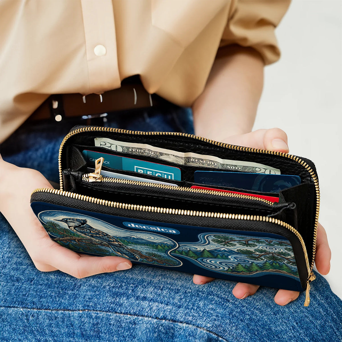 Blue Jay Forest Whispers Personalized Leather Bag
