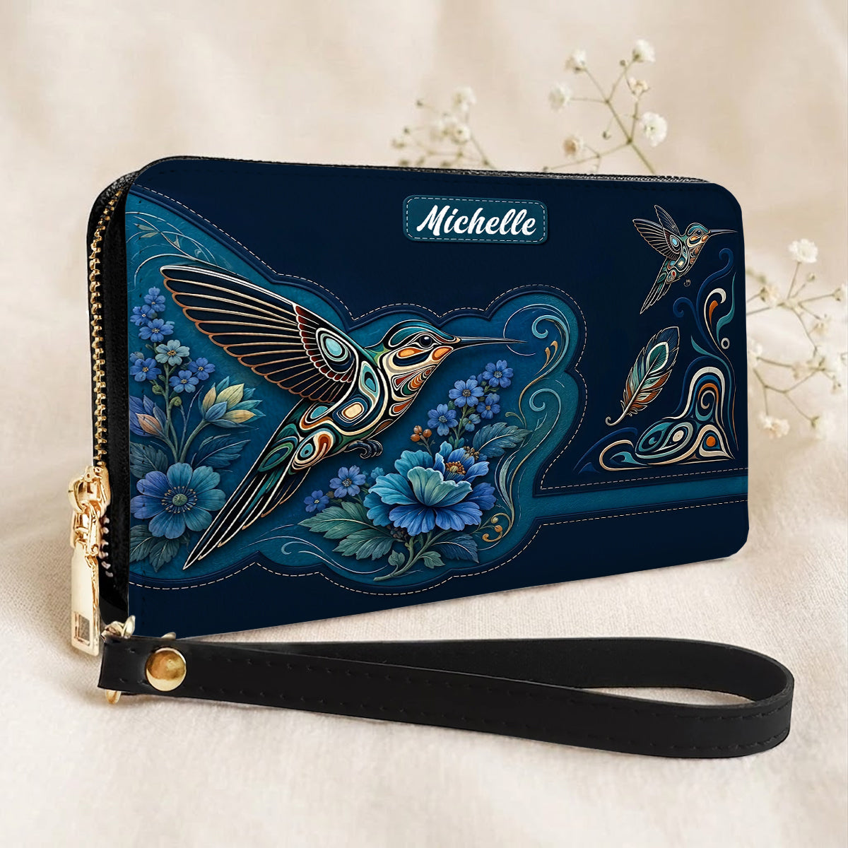 Azure Hummingbird Reverie Personalized Leather Bag