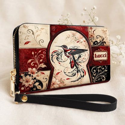 Crimson Hummingbird Elegance Personalized Leather Bag