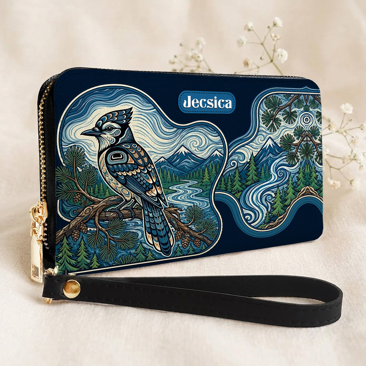 Blue Jay Forest Whispers Personalized Leather Bag