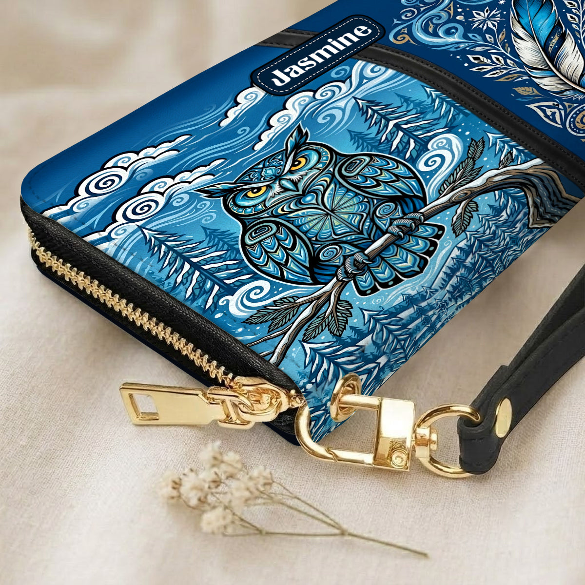 Azure Owl Spirit Personalized Leather Bag