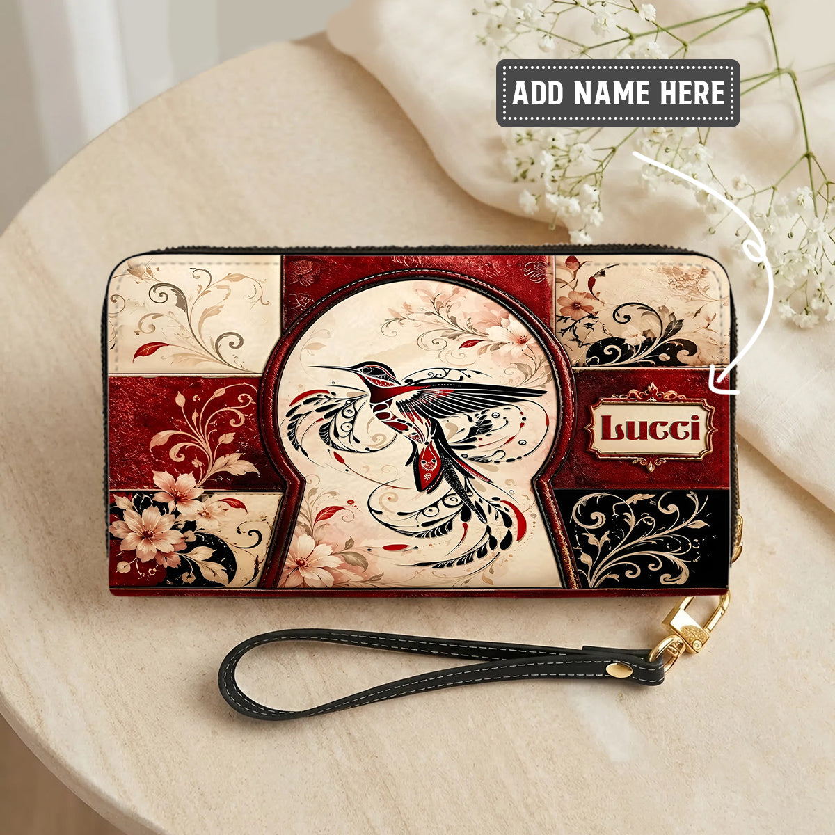 Crimson Hummingbird Elegance Personalized Leather Bag