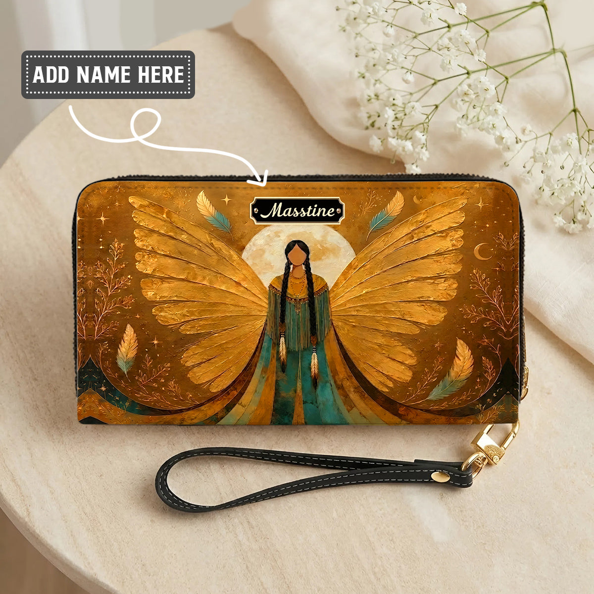 Golden Winged Grace Personalized Leather Bag