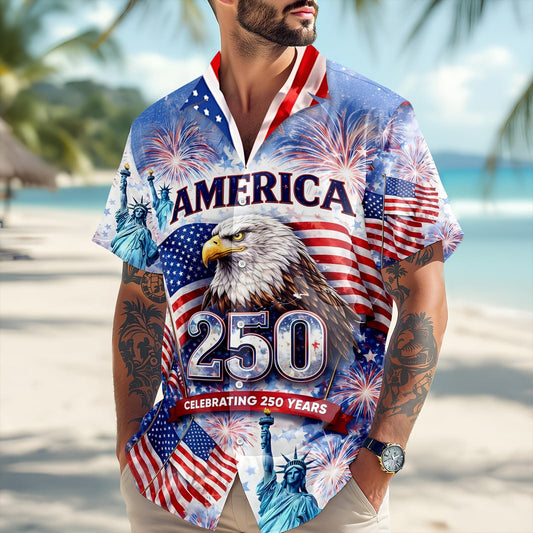 America 250th Anniversary Toile De Jouy Style Patriotic Hawaiian Shirt